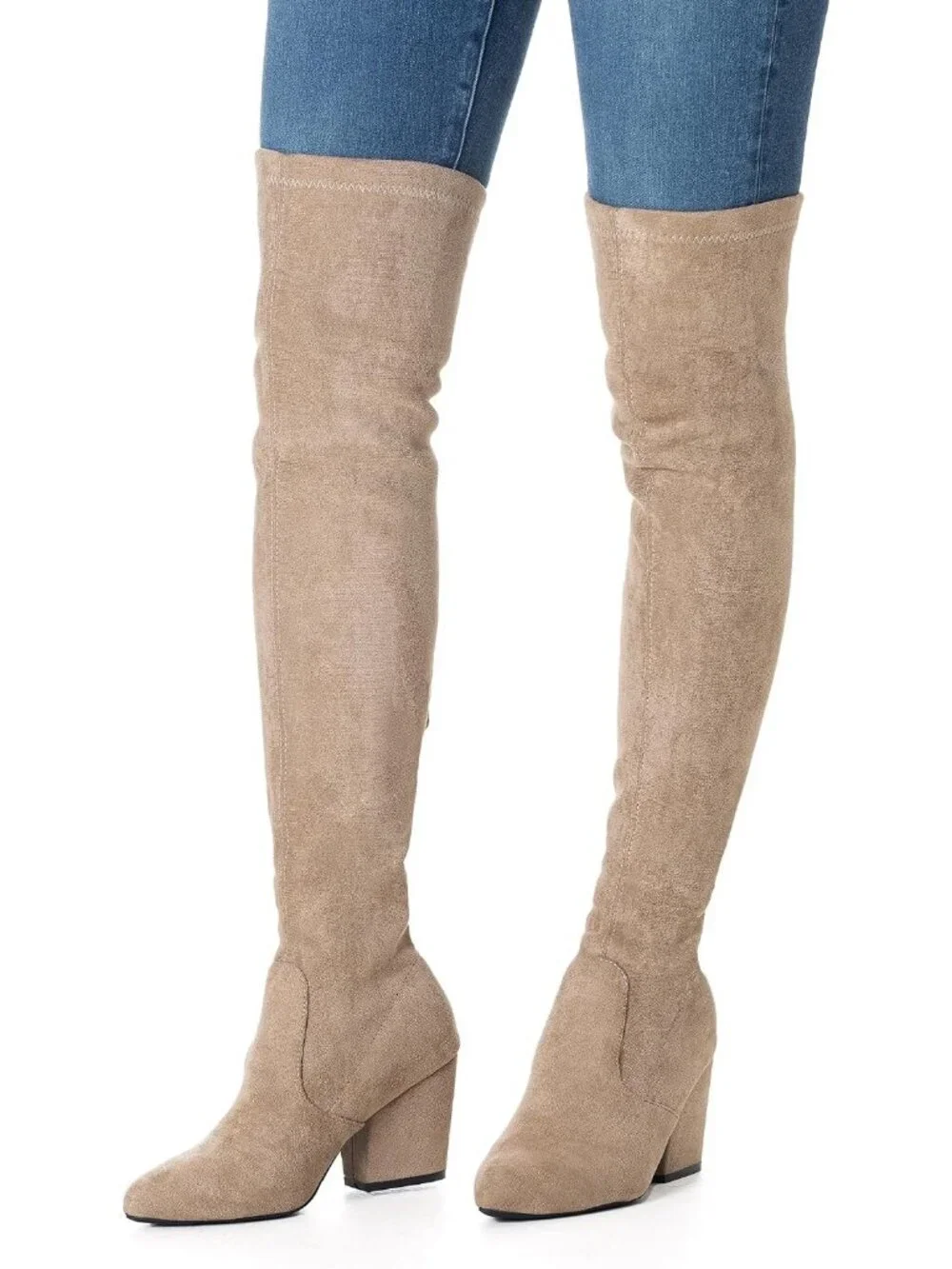 Women's Tan Suede Pointed Toe Flat Comfort Over the Knee Thigh High Boots